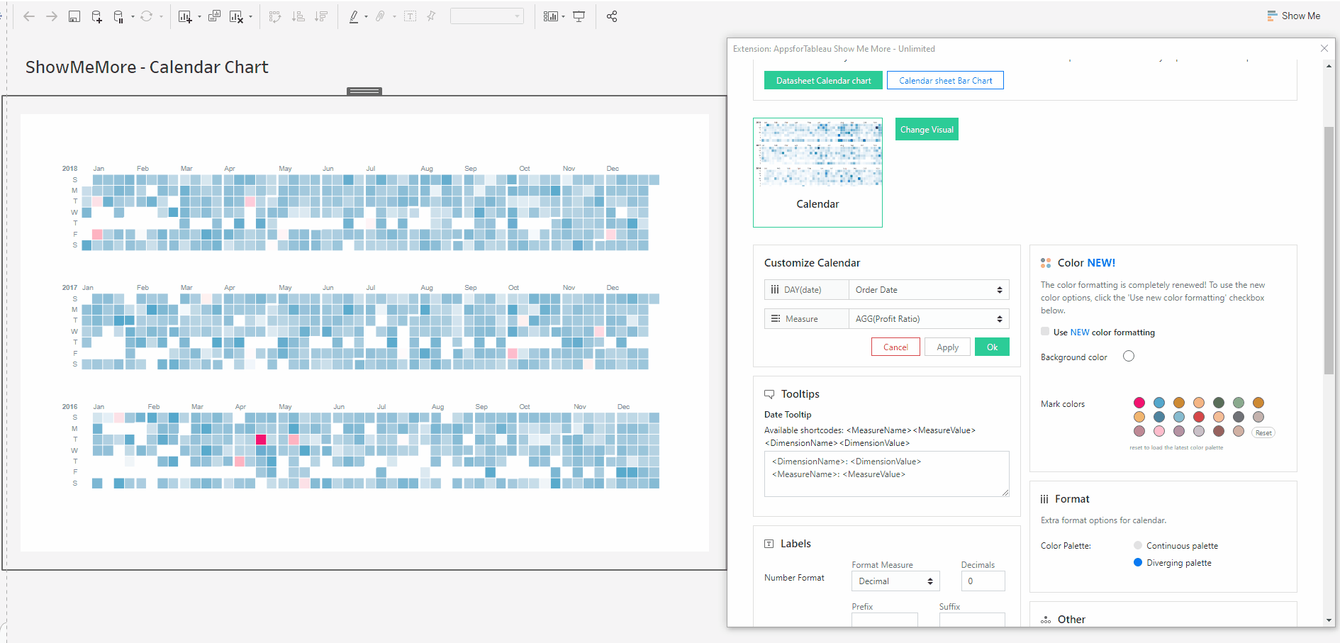 Changing color in Calendar Chart in Tableau
